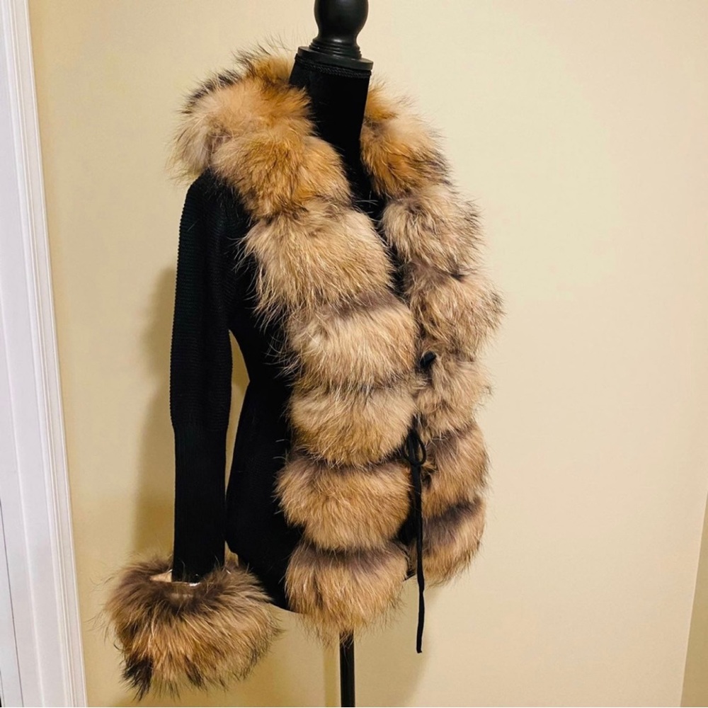 Real raccoon fur cardigan genuine fur collar trench coat parka jacket wool blaze - Picture 9 of 16